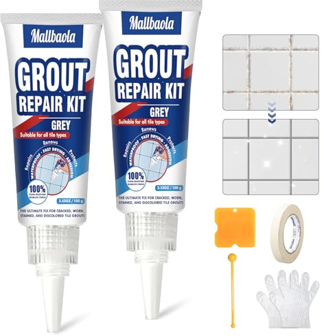 Fugenmörtel Grau, 2er Pack Fliesen Reparaturset, Schnelltrocknend Fliesenreparaturset, für Bad, Dusche, Küche Fliesenboden und Wand, Fugen Wiederherstellen und Erneuern, Wasserfest