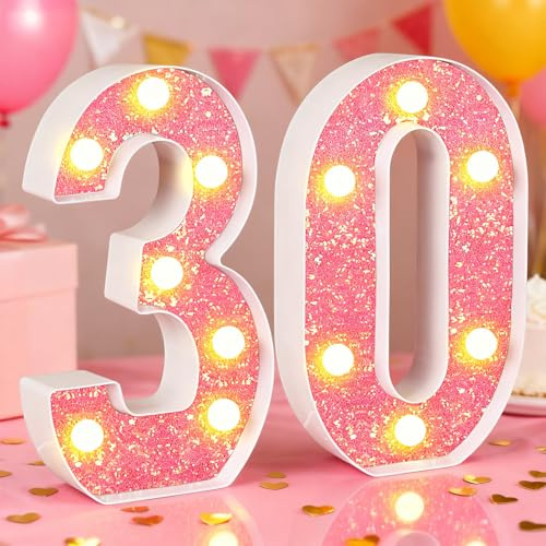 30th Birthday Decorations LED Light Up Numbers, Pink Marquee Lights Number 30 Sign for Girls Birthday Party Anniversary Home Decor