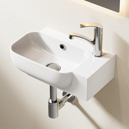 HOROW Ceramic Small Bathroom Sink-40x25x14cm Cloakroom Sink Wall-Mounted/Countertop Basin,Easy Install,Rounded Design for Small Bathrooms,Cloakroom,Guest Room