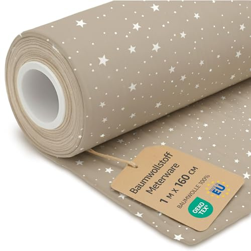 Stoff Meterware Baumwollstoff 1 M x 160 cm - Stoffe zum nähen aus reine baumwolle fabric futterstoff dekostoff für patchwork canvas und sewing nähstoff Oeko-Tex Beige mit Weiß Sternen