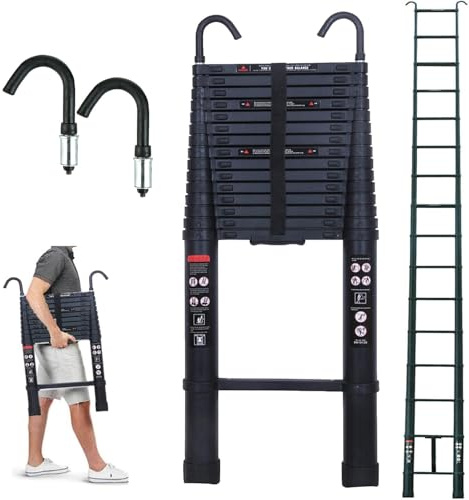 6,2 m / 20,34 FT Aluminium Teleskopleiter mit 2 abnehmbaren Haken, rutschfeste Trittleiter, Tragfähigkeit von 150 kg – Schwarz