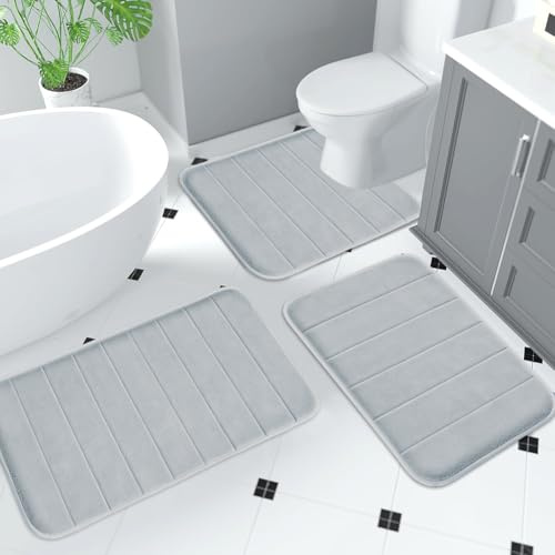 Badezimmerteppich Set 3-teilig, Badvorleger rutschfest, Badematten-Set für das Badezimmer, rutschfest Waschbar, Badezimmer-Teppich, Bad-Vorleger, für Dusche, Badewanne&WC, Badematte Sets (Hellgrau)