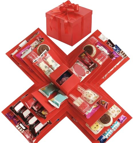DIY Explosion Gift Box, 5 Layer Snack Explosion Box with Ribbon, Scrapbooking Boxes, Photo Album, Photo Gifts, Creative Surprise Pop Up Boxes for Birthday, Christmas, Wedding, Anniversary (Red)