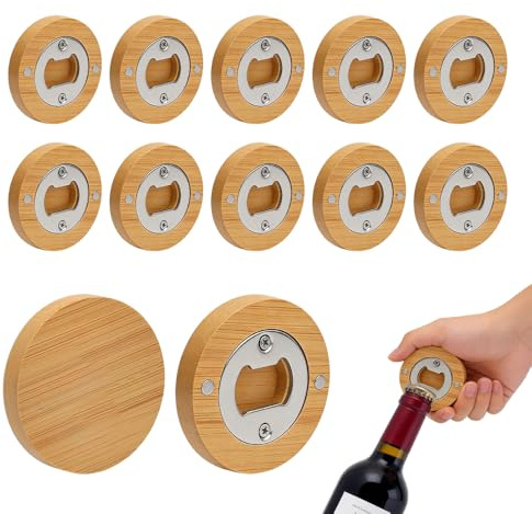 Wxeadu 12 Stück Flaschenöffner Holz, Bierflaschenöffner, Rund bieröffner aus Edelstahl mit Magnet, Tragbarer Flaschenöffner Personalisiert, Geschenke für Männer