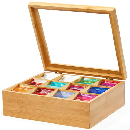 Cobenga Wooden Tea Storage Box, 12 Compartment Wooden Tea Box with Clear Lid & Clasp Lock, Natural Bamboo Tea Organizer for Kitchen Countertops, Cabinets, Pantry Bistro, Coffee, Snacks Storage