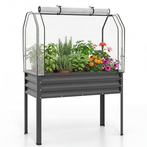 COSTWAY Jardinera Elevada con Invernadero, Cama de Jardín de Metal Galvanizado con Cubierta de Protección, Puerta Enrollable, Huerto Urbano Exterior para Patio, Terraza, Balcón (Gris)