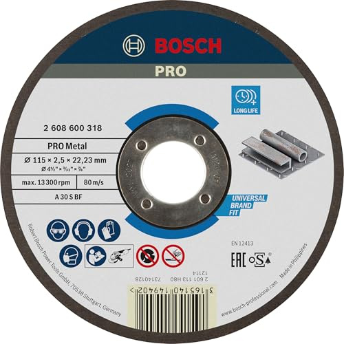 Bosch 1x Disque à tronçonner PRO Metal Longlife pour petite meuleuse angulaire et alésage 22,23 mm (pour Acier, Ø 115 mm, Professional Accessoire Petite meuleuse angulaire)