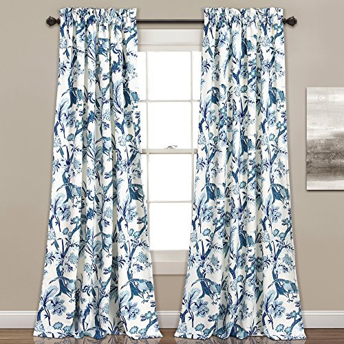 Lush Decor Dolores 2 STK. Lichtfilternde Fensterpaneele, 132 x 213 cm, Blau – Stoffvorhänge – Blumen-Vogeldruck – Grandmillennial & Französischer Landhausstil – Landhaus & maximalistische Deko