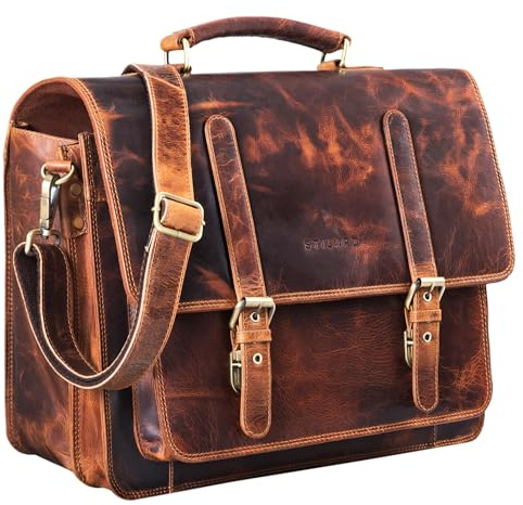 STILORD Andro Lärar Aktentasche Läder Vintage Axelväska med 14 tum Laptopfack Affärsväska för breda DIN A4 Dokument Mappar av äkta läder Farbe:Kara-konjak