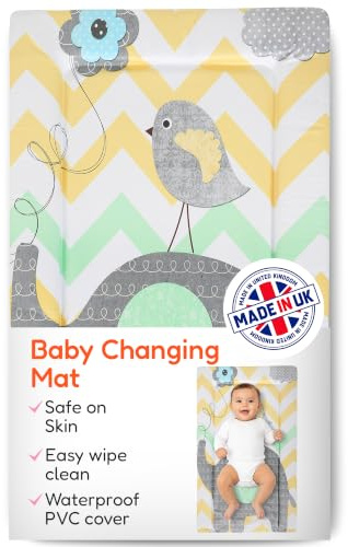 Babycurls Baby Changing Mat with Raised Foam Edges - Wipe Clean Waterproof PVC Nappy Changing Mat - Hypoallergenic Foam - UK Made Nursery Essential, Elephant Chevron, 76 x 45 cm Baby Pad