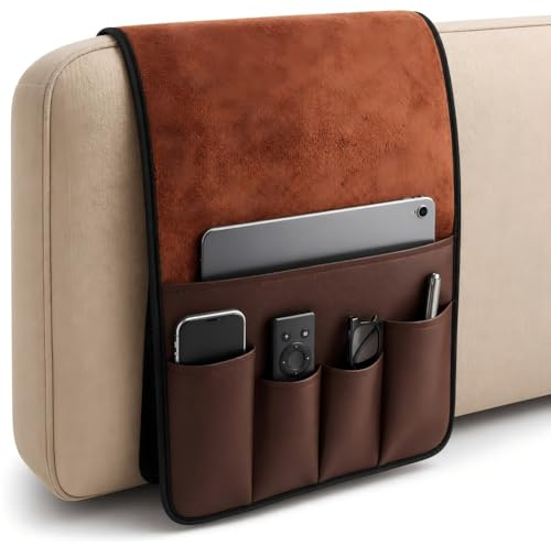 Rutschfeste Armlehne aus PU-Leder und Samt, für Sofa, Couch, Sessel, Armlehne, weicher Caddy Organizer mit 5 Taschen Handy, Bücher, Zeitschriften, TV-Fernbedienung – Drapiert über Liegestuhl, (braun)