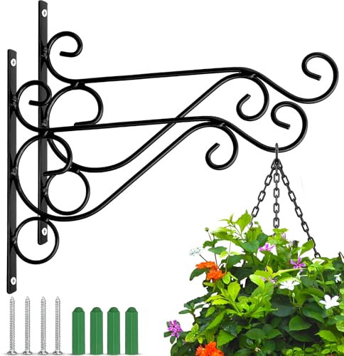 Preimum Black Plant Wall Mount Hanging Brackets Hooks Plant Basket Hanger Holder 10 Inches Indoor Outdoor Metal Brackets with Screws Garden Baskets Hanging Planters Lantern Wind Chimes(2PACK)