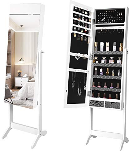 YITAHOME stehender Schmuckschrank mit großem Fassungsvermögen und 2 Schubladen, 2-in-1-Schmuckschrank mit durchgehendem Spiegel, 3-fach verstellbar, weiß