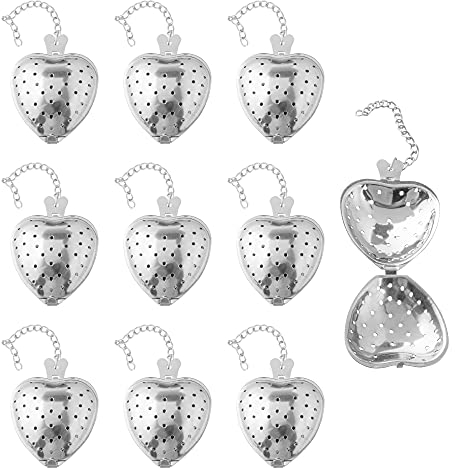 VEIREN 10 Pieces Stainless Steel Tea Strainers Heart Shaped Tea Infuser Ball with Chain Hook Fine Holes Tea Interval Diffuser Manual Closed Loose Tea Leaf Spice Herbal Filter Portable Tea Accessories