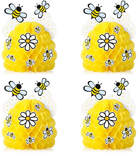 Zonon 4 Stück Honigbienen Mittelstück Wabendekoration | Gelbe Bienenwaben Tischdeko mit Bienen Sonnenblumen Aufklebern, für Bienentag Geschlecht Verkünden Geburtstag Party