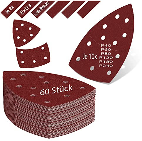 KSP-Tec│60 Stück Schleifpapier Dreieckschleifer + 12 Schleifstreifen│Delta-Schleifdreiecke│105 x 152mm│Klett Schleifpads Multischleifer (105 x 152mm)
