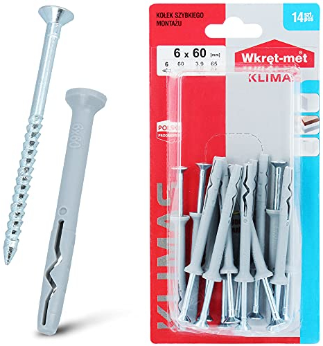 KLIMAS® Dübel Schrauben Set 14 Stück Schnellmontagedübel Schlagdübel Ø 6mm x 60mm mit Senkkopfschrauben PZ-2 | Nageldübel Schraubenset Betondübel Porenbeton Dübel Einschlagdübel Universaldübel
