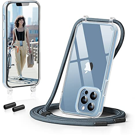 GOODVISH Handykette für iPhone 13 Pro Hülle mit Band, Blau | Kameraschutz und Bildschirmschutz, Transparent Necklace Handyhülle Schutzhülle für Umhängen Case mit Kordel 6.1
