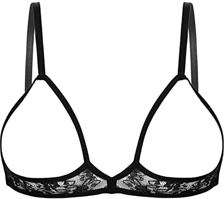 CHICTRY Women's Lace Floral Portrait Open Tip Bra Wire-Free Unlined Push-up Bralette Top Nightwear Black L
