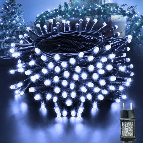 Moxled Lichterkette Weihnachtsbaum - 10M 100 LED Weiß Lichterkette Außen Strom mit Timer Speicherfunktion, Grünes Kabel, Wasserdicht 12 Modi Weihnachtsbeleuchtung für Garten Weihnachtsdeko