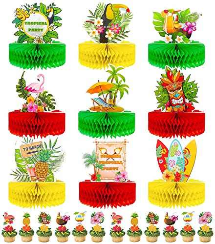 9 Stück Party Dekorationen, Aloha-Dekorationen Hawaii Party Luau Dekoration, Waben Mittelstücke für den Tisch Sommer Tropisch Mädchen Geburtstagsparty Zubehör +12 Tortenaufsätze