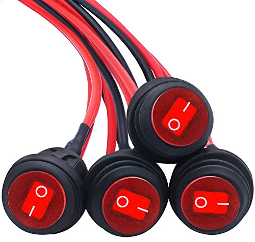 Taiss 4pièces interrupteur à bascule rond étanche 12V 20A marche/arrêt 2 positions SPST 3 broches avec lumière LED rouge avec câble pour voiture camion bateau KCD1-5-101NW-R-X