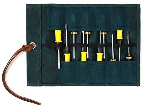 Tool Roll Up Pouch, Heavy Duty 16oz Waxed Canvas Small Tool Roll, Multi-Purpose Chisel Pouch - 10 Pockets & 1 Tie Rope | Dark Green | 14 L x 9 W