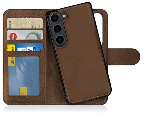 MyGadget Flip-fodral till Samsung Galaxy S23 - [avtagbart magnetfodral] - mobilfodral av konstläder - [flipfodral med kortplats] skyddsfodral i brunt