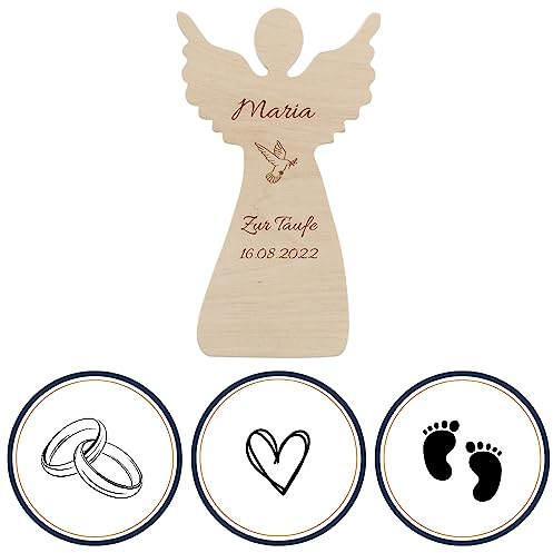 HOFMEISTER® Engel Gravur personalisiert Geschenk - Deko-Engel, Engelsfigur, Figur Weihnachten Hochzeit Weihnachtsdeko Tischdeko Holz, Geschenkidee Schutzengel Taufe Kommunion Konfirmation, Erle, 14 cm