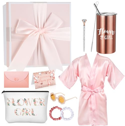 Sieral Confezione da 10 scatole regalo per proposta con ragazza dei fiori, con scritta Will You Be My Flower Girl, da 400 ml, con bicchiere, borsa in tela, scrunchies, accappatoio, occhiali da sole