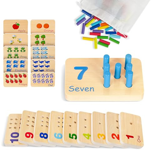 TOOKYLAND Peg Board Toddler Toys, Counting Wooden Toys with 55 Pegs, Wooden Math Manipulatives,Montessori Math and Numbers for Kids & Kindergarten Learning Activities