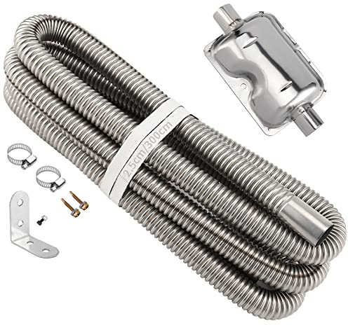 NGOSUET 300cm Abgasschlauch 25mm für Stromerzeuger, Edelstahl Auspuff Abgasrohr mit Schalldämpfer und Schlauchklemme, Standheizung Abgasrohr, Gasentlüftungsschlauch, Auspuffrohr für Luft Dieselheizung