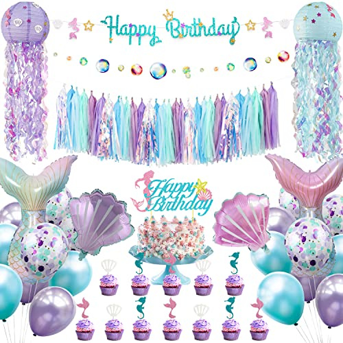 Mermaid Birthday Party Decorations Supplies Banner Tassel Garland Bubble Garland Hanging Jelly Fish Paper Lanterns Balloons Cake Topper Mermaid Happy Birthday Decorations for Women