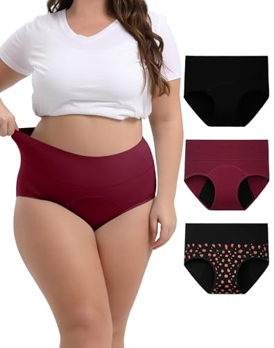 INNERSY Period Underwear for Women High Waisted Leak-Proof Postpartum Menstrual Panties 3-Pack (Rose Print, X-Large)
