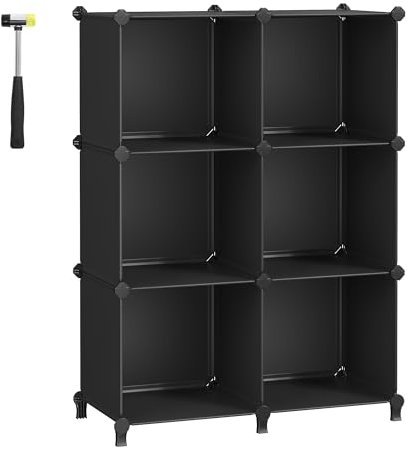 SONGMICS 6 Cube Storage Unit, Modular Plastic Cube Storage Organiser with Feet, Shoe Rack, Each Cube 33 x 37 x 33 cm, Living Room, Bedroom, Study, with Rubber Mallet, Black LPC206B01