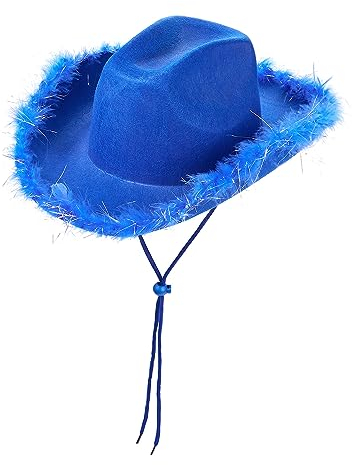 Aunaeyw Damen Cowgirlhut Cowboyhüte Flauschige Feder Krempe Hut für Junggesellenkostüm Halloween Cosplay Dress Up Party Rollenspiel, Blau, Silber, Einheitsgröße