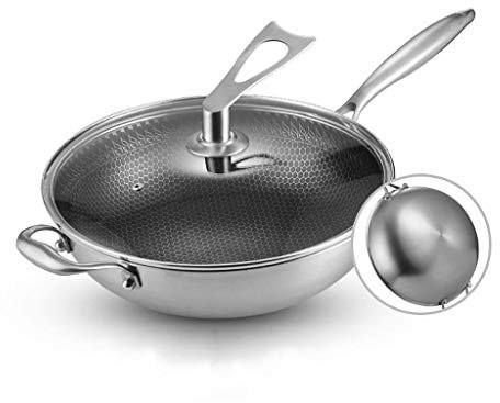 OQHAIR Wok para inducción Wok de acero inoxidable 304 Fondo redondo Salteado Sartén antiadherente Sin recubrimiento Estufas de gas Cóncava Cocina de inducción Olla especial