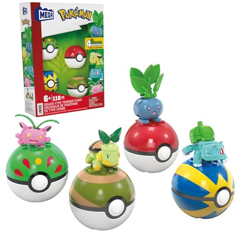 MEGA Pokémon - Set Pokéball Squadra di Tipo Erba, con 118 pezzi da costruire, include 4 Pokémon di Tipo Erba costruibili e snodati con 4 sfere Pokéball, giocattolo per bambini, 6+ anni, Verde, HWR77