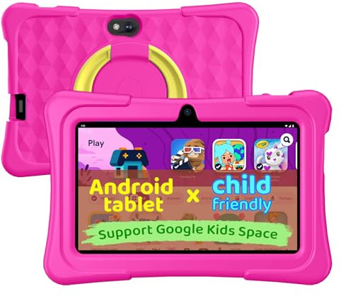 Kids Tablet, 7 inch Android 15 Tablet for Kids, 8GB+32GB 1TB Expand, Quad-Core Toddler Tablets with Shockproof Case, BT5.0, WiFi 5, Parental Control, Games, Dual Camera (Rose)