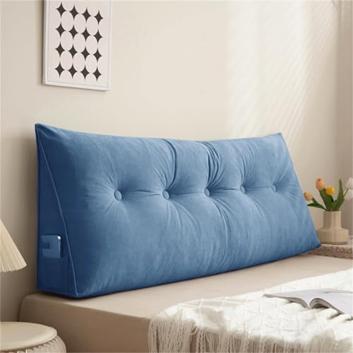 Treer Einfarbig Rückenkissen Lesekissen Keilkissen für Bett Sofa Samt Großes Lendenkissen Rückenlehne Dreieckigen Abnehmbarem Bezug Kopfteilkissen Bettkissen mit Seitenfach (100 * 50 * 20cm,Blau)