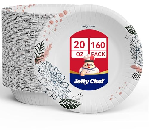 JOLLY CHEF 160 Count Paper Bowls 20 oz Soak Proof and Cut Proof Microwave Safe Heavy Duty Flower Printed Disposable Bowls Large for Dinner or Lunch