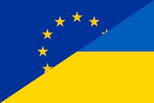 magFlags Bandiera Large Europe and Ukraine | A combination of the flags of Europe and Ukraine | bandiera paesaggio | 1.35 m² | 90x150cm