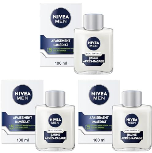 NIVEA MEN Peau Sensible Baume Après-Rasage (1 x 100 ml), Soin Après-Rasage enrichi en Camomille & Hamamélis, Soin visage pour homme 0% d’alcool pour peaux sensibles (Lot de 3)