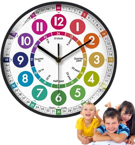 Learning Clock for Kids, 10 Inch Non-ticking Learn to Tell Time Clock, Silent Battery Operated Educational Time Teaching Wall Clock for Kids, Colorful Decorative Wall Clock for Children Bedroom Clas
