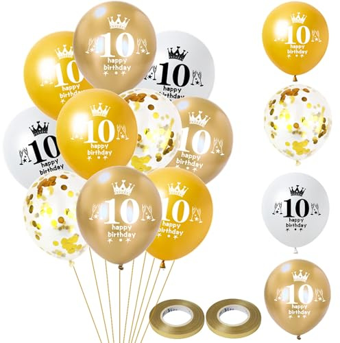 Luftballon 10. Geburtstag Jungen Mädchen Deko 14 Stück Gold weiß Ballons 10. Geburtstag Dekoration Happy 10 Latex Ballon Geburtstagsdeko 10 jahre Mädchen Jungen Party deko