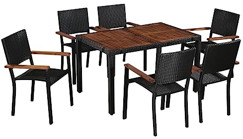 Willood 7-TLG. Garten-Essgruppe Poly Rattan Akazie Massivholz Schwarz