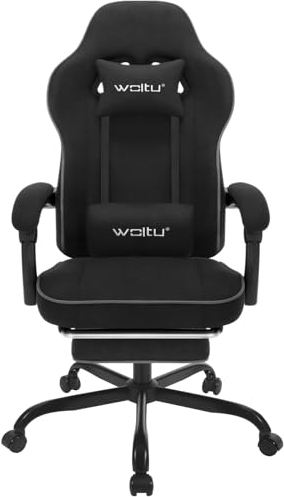 WOLTU Gaming Chair With Pocket Spring, Ergonomic Swivel Armchair, 150 kg Load Capacity, Head and Lumbar Cushion, Footrest, Tech Fabric, Black