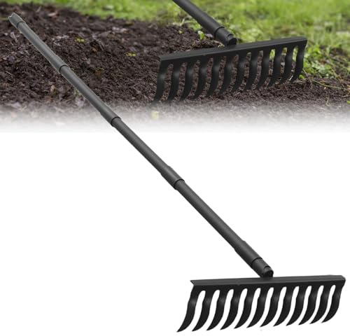 Râteau de jardin en métal avec poignée réglable de 160 pouces de long, râteaux de roche en paille de 17 pouces de large pour jardinage, nivellement de pelouse, ameublir le sol, ramasser