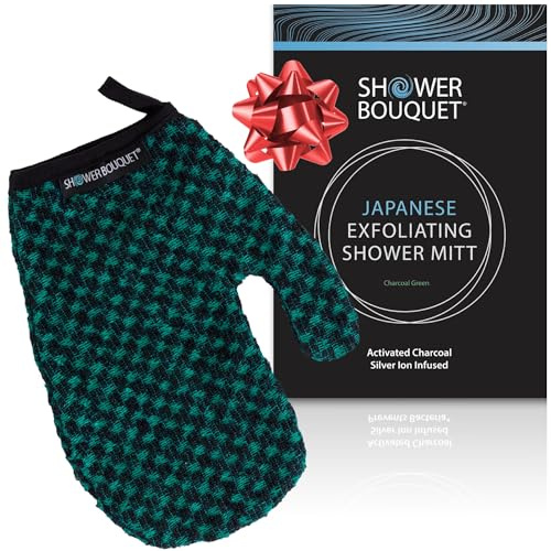 Japanese Exfoliating Mitt for Shower [Green] - Charcoal & Silver Ion Exfoliating Glove - Gentle Exfoliation & Deep Cleansing Shower Mitt - Exfoliating Body Scrubber Glove, Soft Fabric Inside