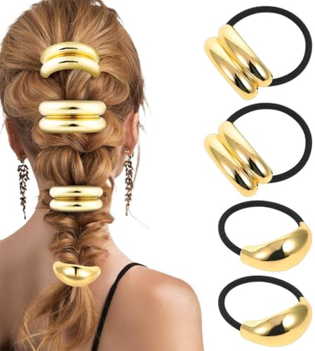 SGERUFZ Set di 4 elastici per capelli in metallo dorato per coda di cavallo, per donne e ragazze, spessi e sottili ricci